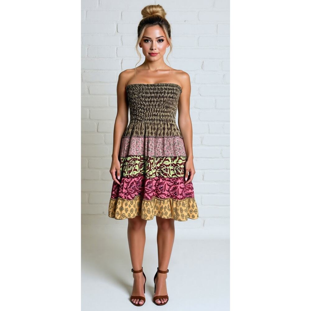Culture Shop Brown Boho Patchwork Smoked Strapless Dress Sz L Bohemian Hippie